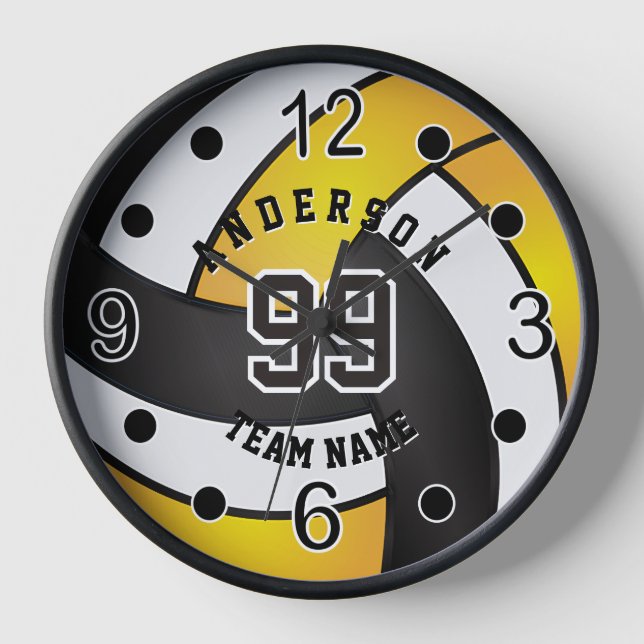 Golden Yellow, Black and White Volleyball  Clock (Front)