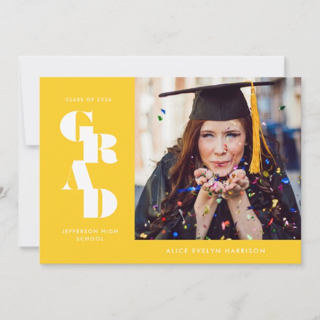 Golden Yellow Bold Serif Single Photo Graduation Announcement (Front)