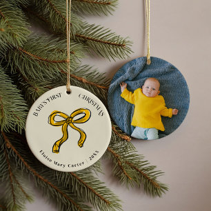 Golden Yellow Bow Baby's First Christmas Photo Ceramic Tree Decoration