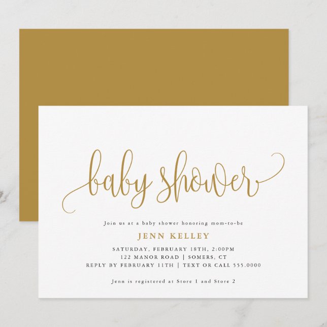 Golden Yellow Calligraphy Baby Shower Invitation (Front/Back)