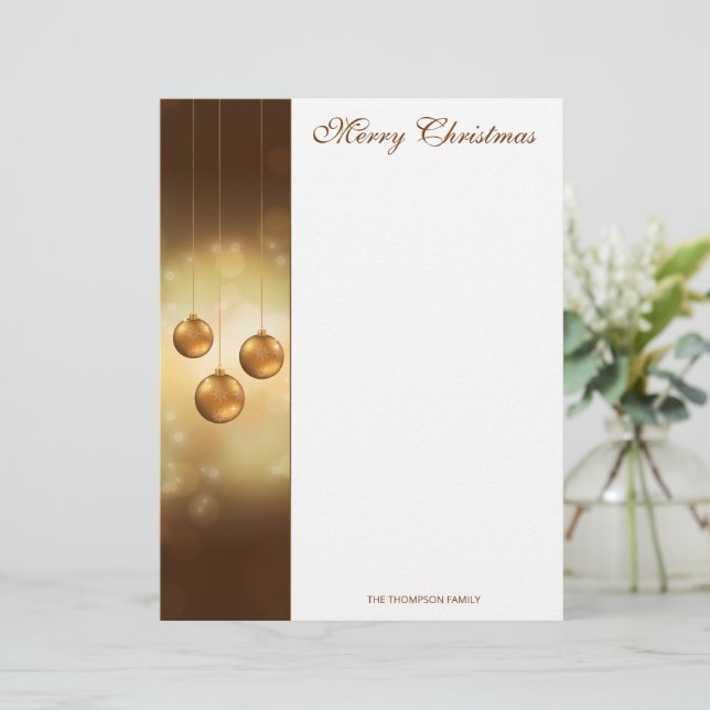 Golden Yellow Christmas Baubles On Yellow Bokeh Custom Letterhead (Standing Front)