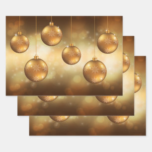 Golden Yellow Christmas Baubles On Yellow Bokeh Wrapping Paper Sheet