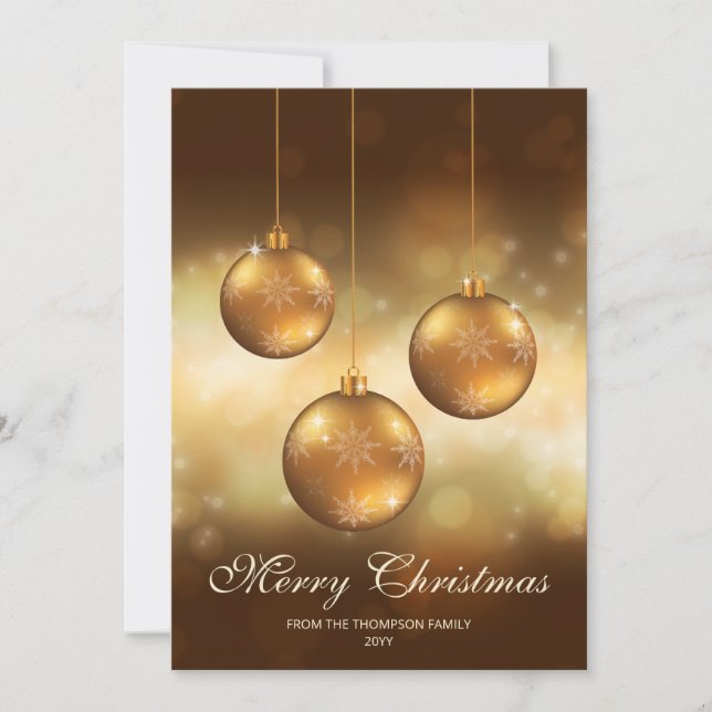 Golden Yellow Christmas Baubles With Custom Text Holiday Card (Front)