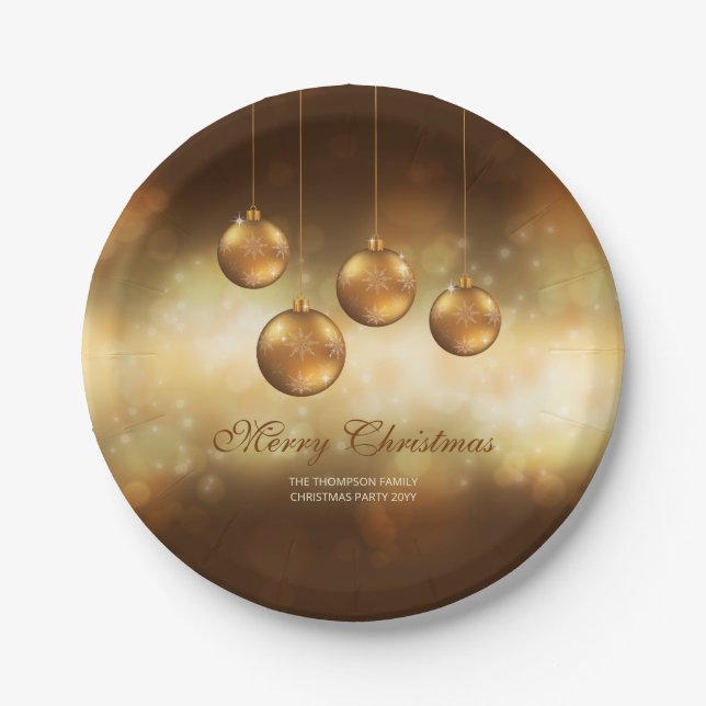 Golden Yellow Christmas Baubles With Custom Text Paper Plate (Front)