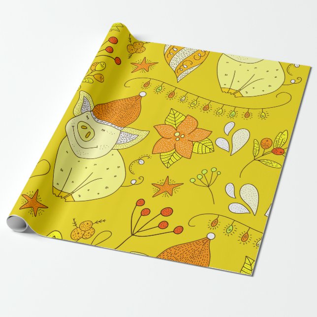 Golden Yellow Christmas Gift Wrapping Paper (Unrolled)