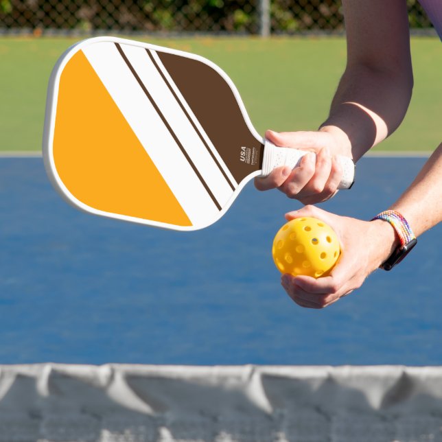 Golden Yellow Cocoa Brown White Racing Stripes Pickleball Paddle (Insitu)
