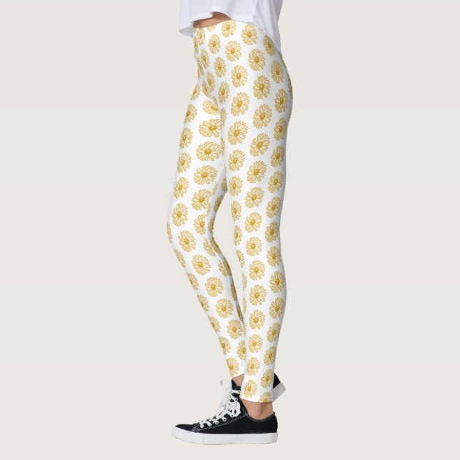Golden Yellow Daisies Print, Daisy Floral Pattern Leggings (Left)