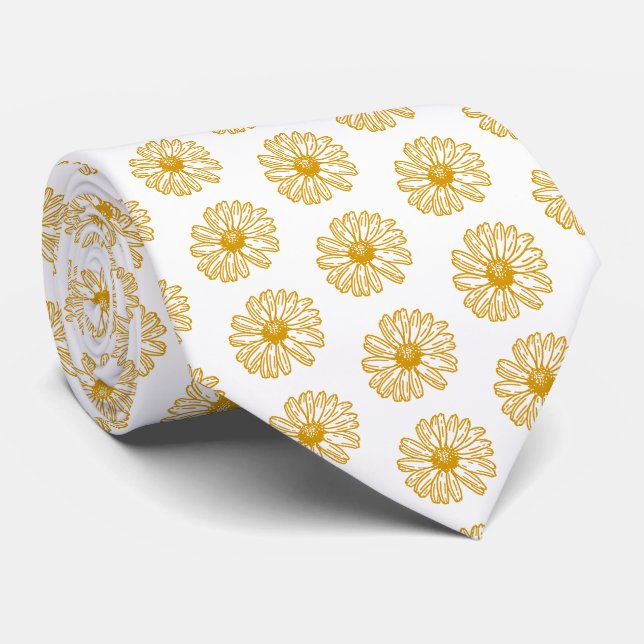 Golden Yellow Daisies Print, Daisy Floral Pattern Tie (Rolled)