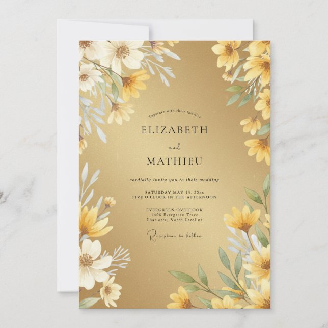 Golden Yellow Daisy Eucalyptus Wedding Invitation (Front)