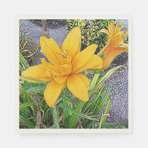 Golden Yellow Daylily Flowers and Bud Close-Up Napkin