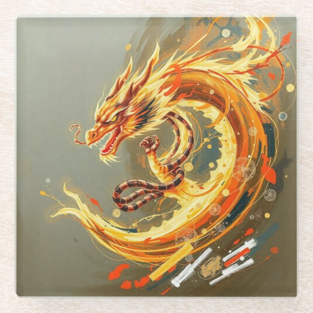 Golden Yellow Dragon Glass Coaster (Front)