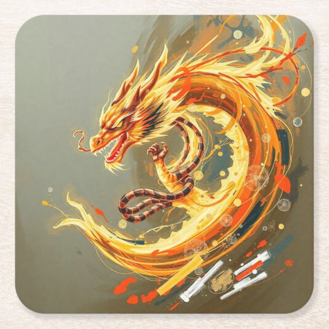 Golden Yellow Dragon Square Paper Coaster (Front)