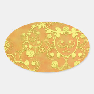 Golden Yellow Fancy Floral Damask Pattern Oval Sticker