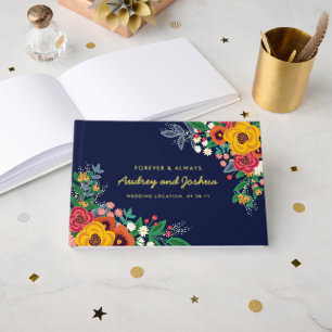 Golden Yellow Floral Navy Boho Gold Wedding Guest Book