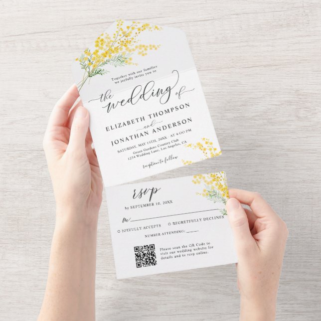 Golden Yellow Floral Wedding Details QR Code RSVP All In One Invitation (Tearaway)