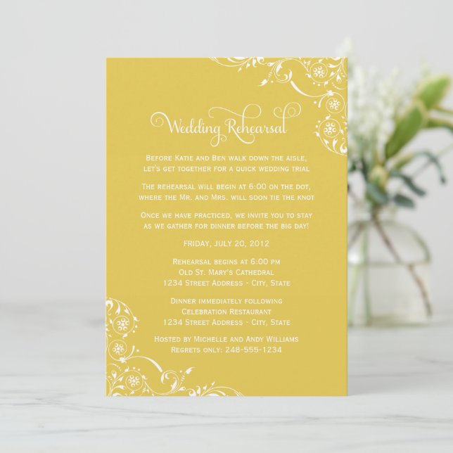 Golden Yellow Flourish Wedding Rehearsal Invitation (Standing Front)