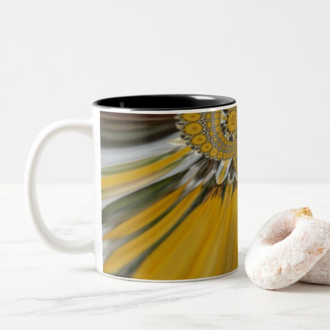 Golden Yellow Flower Pattern Design Art Two-Tone Coffee Mug (With Donut)