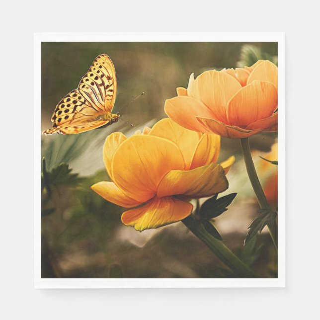 Golden yellow flowers and butterfly napkin (Front)