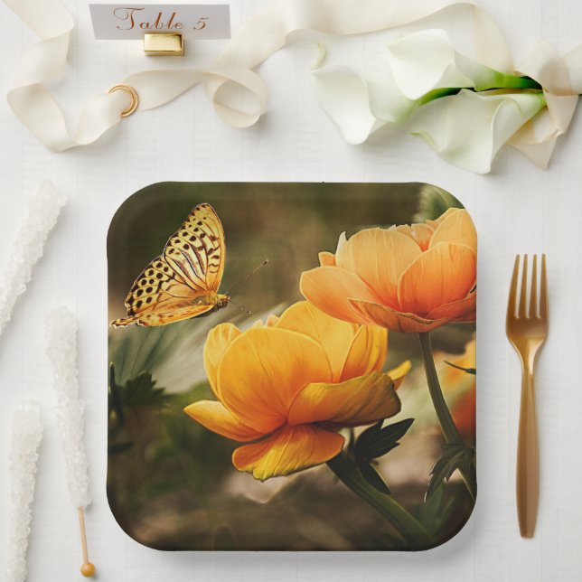 Golden yellow flowers and butterfly paper plate (Wedding)