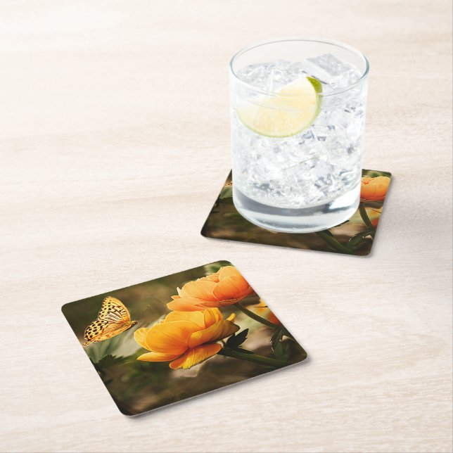 Golden yellow flowers and butterfly square paper coaster (Insitu)