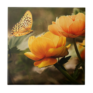 Golden yellow flowers and butterfly tile