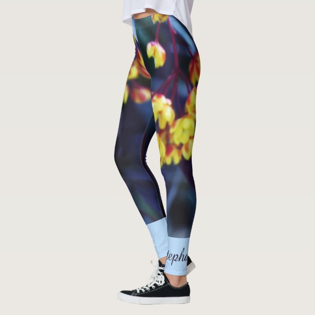 Golden Yellow Flowers, Name, Floral Yoga Fashion Leggings (Left)