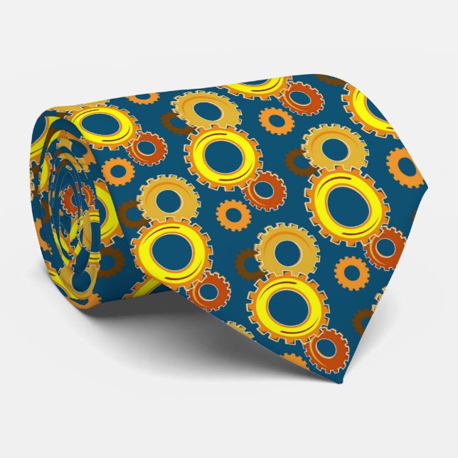 Golden Yellow Gears Navy Blue Stylish Mechanical Tie (Rolled)