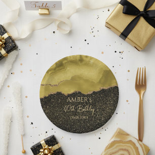 Golden Yellow Gold Glitter Abstract Watercolor Paper Plate