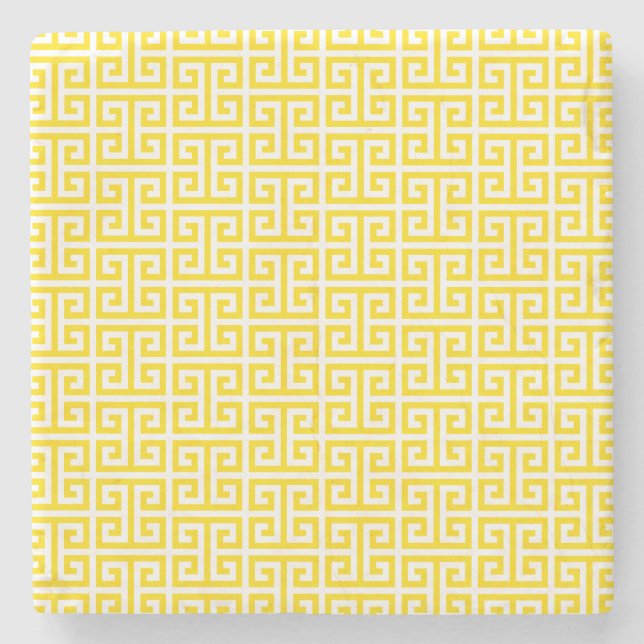 Golden Yellow Greek Key Pattern Stone Coaster (Front)