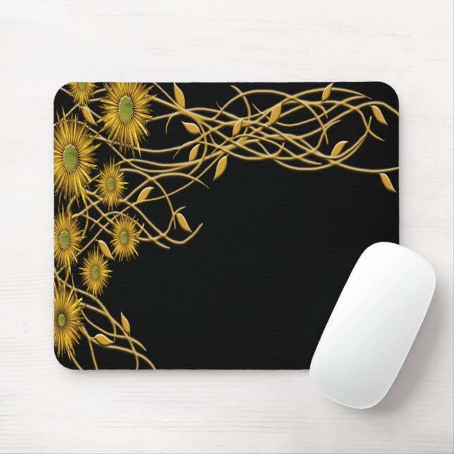 Golden Yellow Grunge Flower and Vine Mouse Mat (With Mouse)