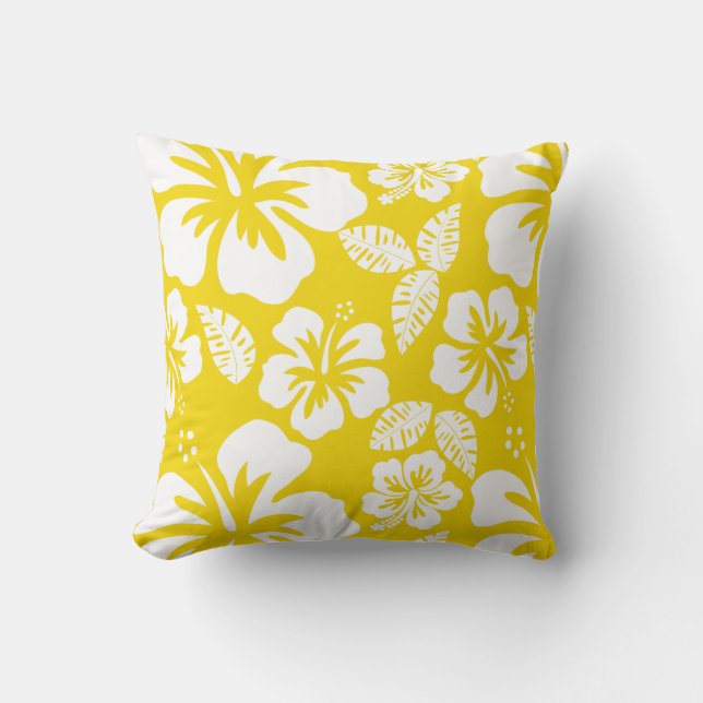 Golden Yellow Hawaiian Tropical Hibiscus Cushion (Front)