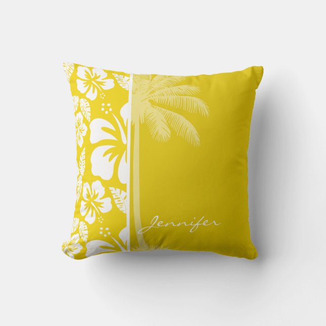 Golden Yellow Hawaiian Tropical Palm Cushion (Front)