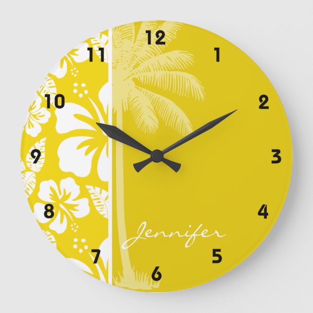 Golden Yellow Hawaiian Tropical Palm Large Clock (Front)