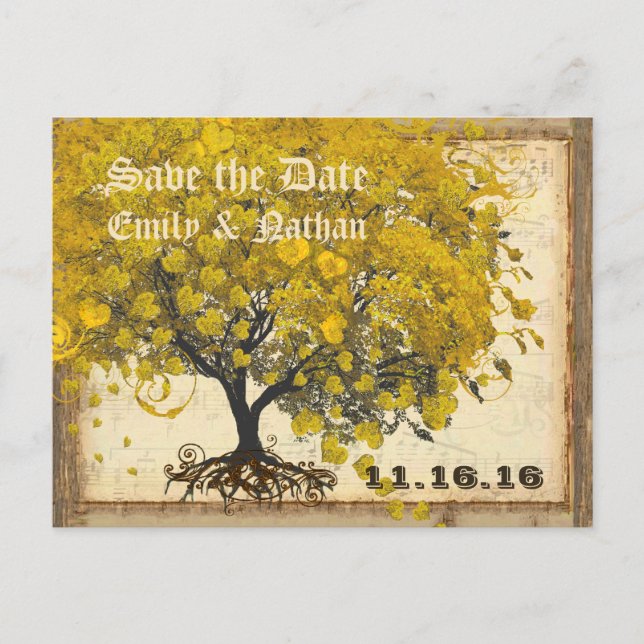 Golden Yellow Heart Leaf Tree Save the Date Announcement Postcard (Front)