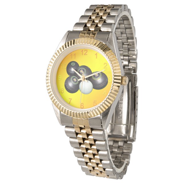 Golden Yellow Lawn Bowls, Unisex Wristwatch (Angled)
