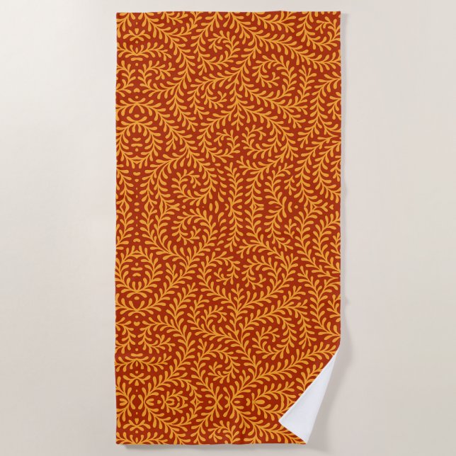 Golden Yellow Leafy Vine Pattern  Beach Towel (Front)