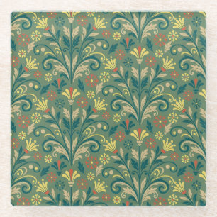 Golden Yellow Leafy Vine Pattern  Glass Coaster