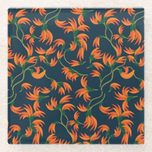 Golden Yellow Leafy Vine Pattern  Glass Coaster