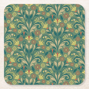 Golden Yellow Leafy Vine Pattern Square Paper Coa Coaster