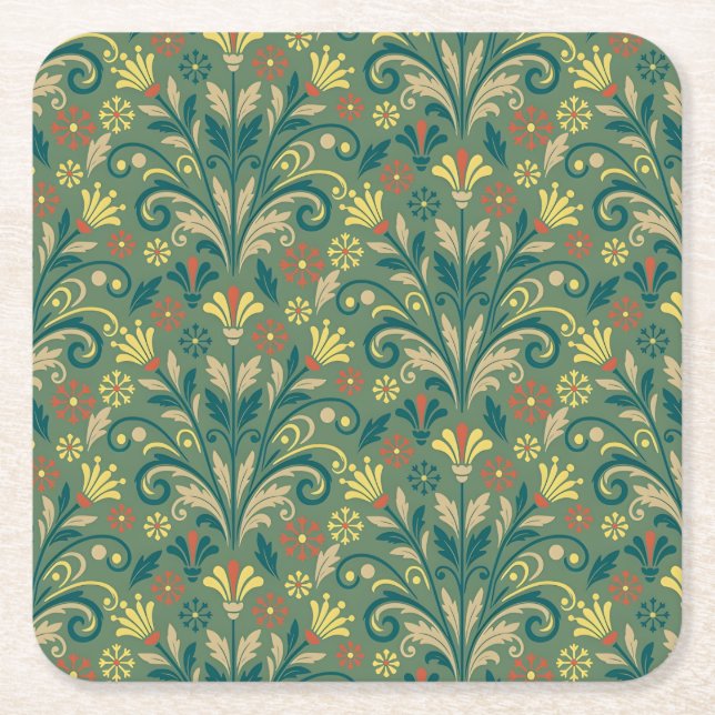 Golden Yellow Leafy Vine Pattern  Square Paper Coa Coaster (Front)