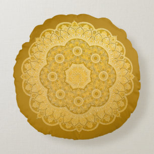 Golden Yellow Mandala Round Pillow
