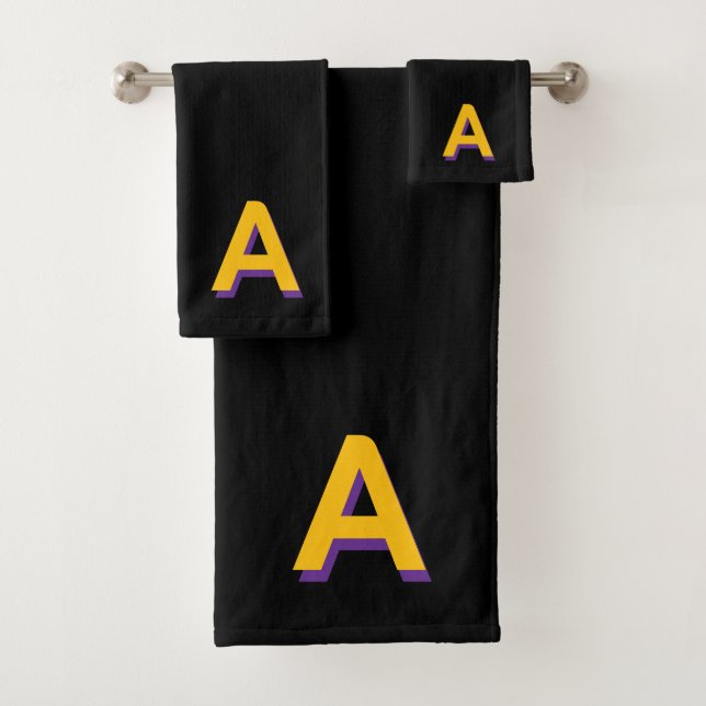 Golden Yellow Monogram on Black Bath Towel Set (Insitu)