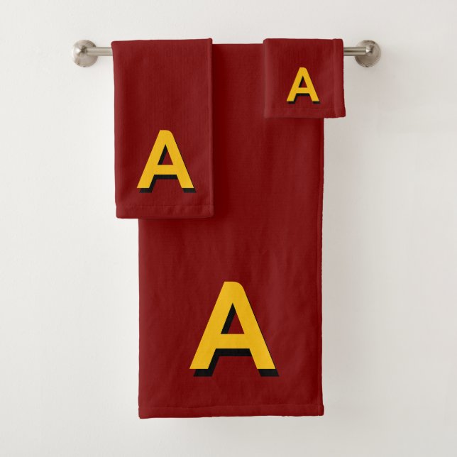 Golden Yellow Monogram on Maroon Bath Towel Set (Insitu)