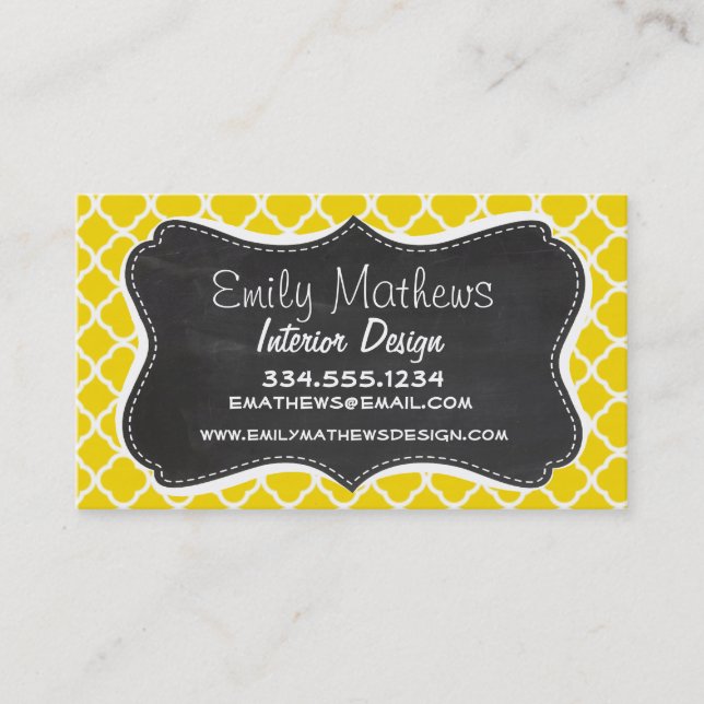Golden Yellow Moroccan Quatrefoil; Chalkboard look Business Card (Front)