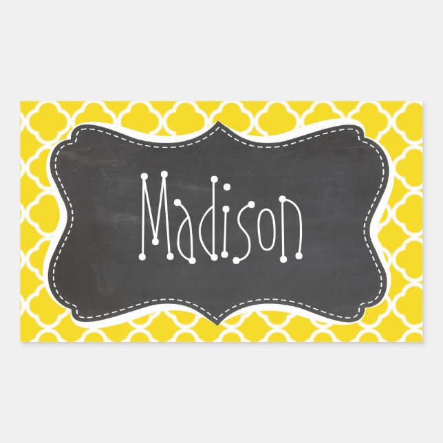 Golden Yellow Moroccan Quatrefoil; Chalkboard look Rectangular Sticker (Front)