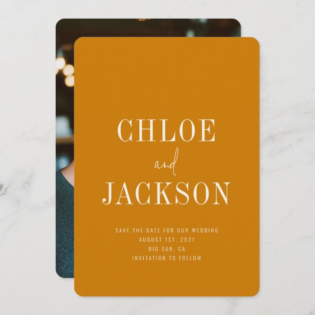 Golden Yellow Mustard Modern Bold Photo Wedding Save The Date (Front/Back)