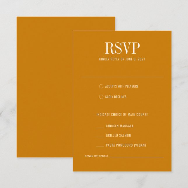 Golden Yellow Mustard Modern Meal Choice Wedding RSVP Card (Front/Back)