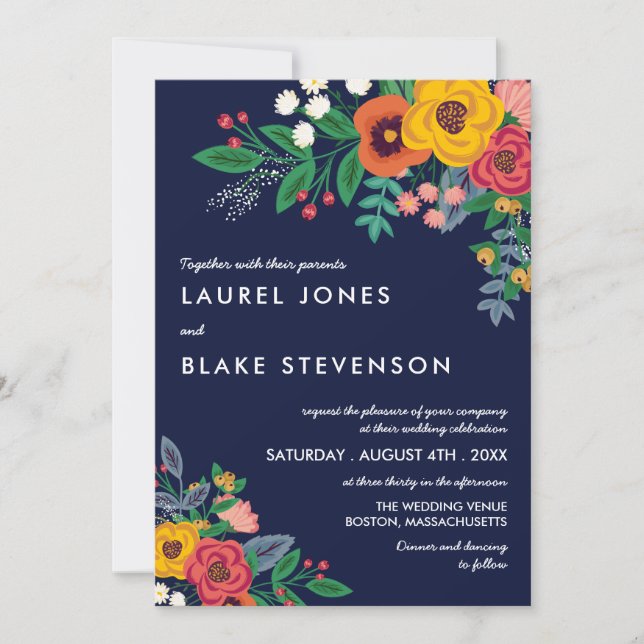 Golden Yellow Navy Blue Bohemian Bouquet Invitation (Front)