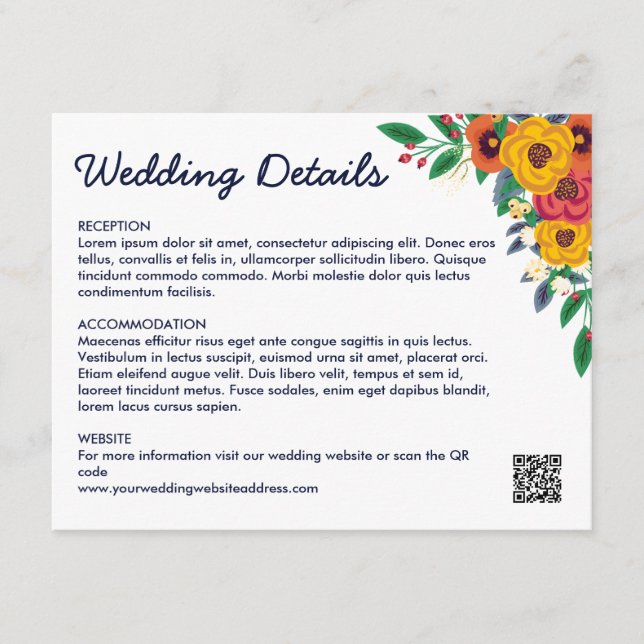 Golden Yellow Navy Blue Boho Bouquet QR Code Enclosure Card (Front)