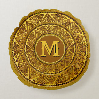 Golden-yellow Ornament with Monogram Round Cushion